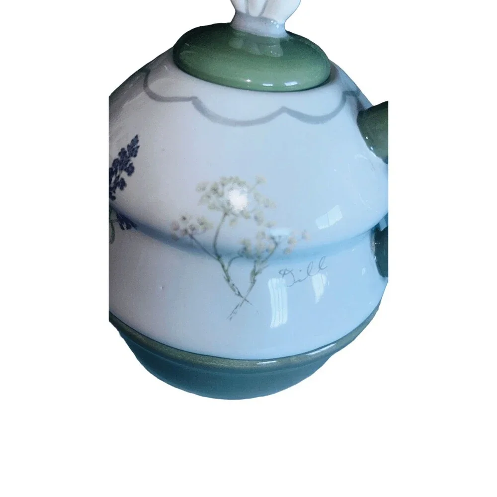 Sonoma Tea set for 1 Stacked Teapot Teacup Herbs Herb Garden 3 pc green/beige